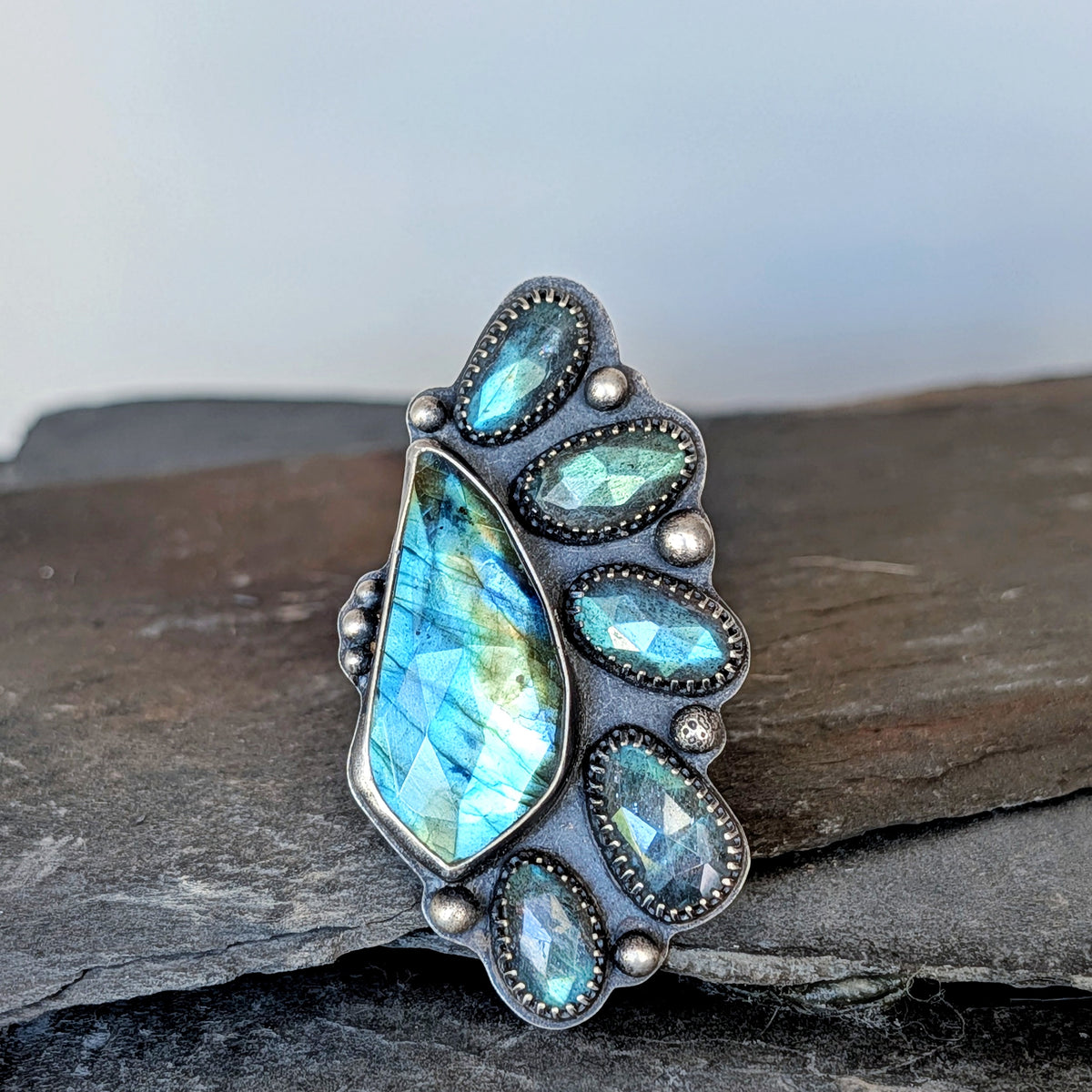 Faceted Labradorite Statement Ring- Sterling Silver Multi Stone Ring