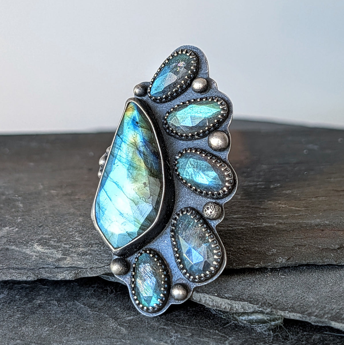 Faceted Labradorite Statement Ring- Sterling Silver Multi Stone Ring