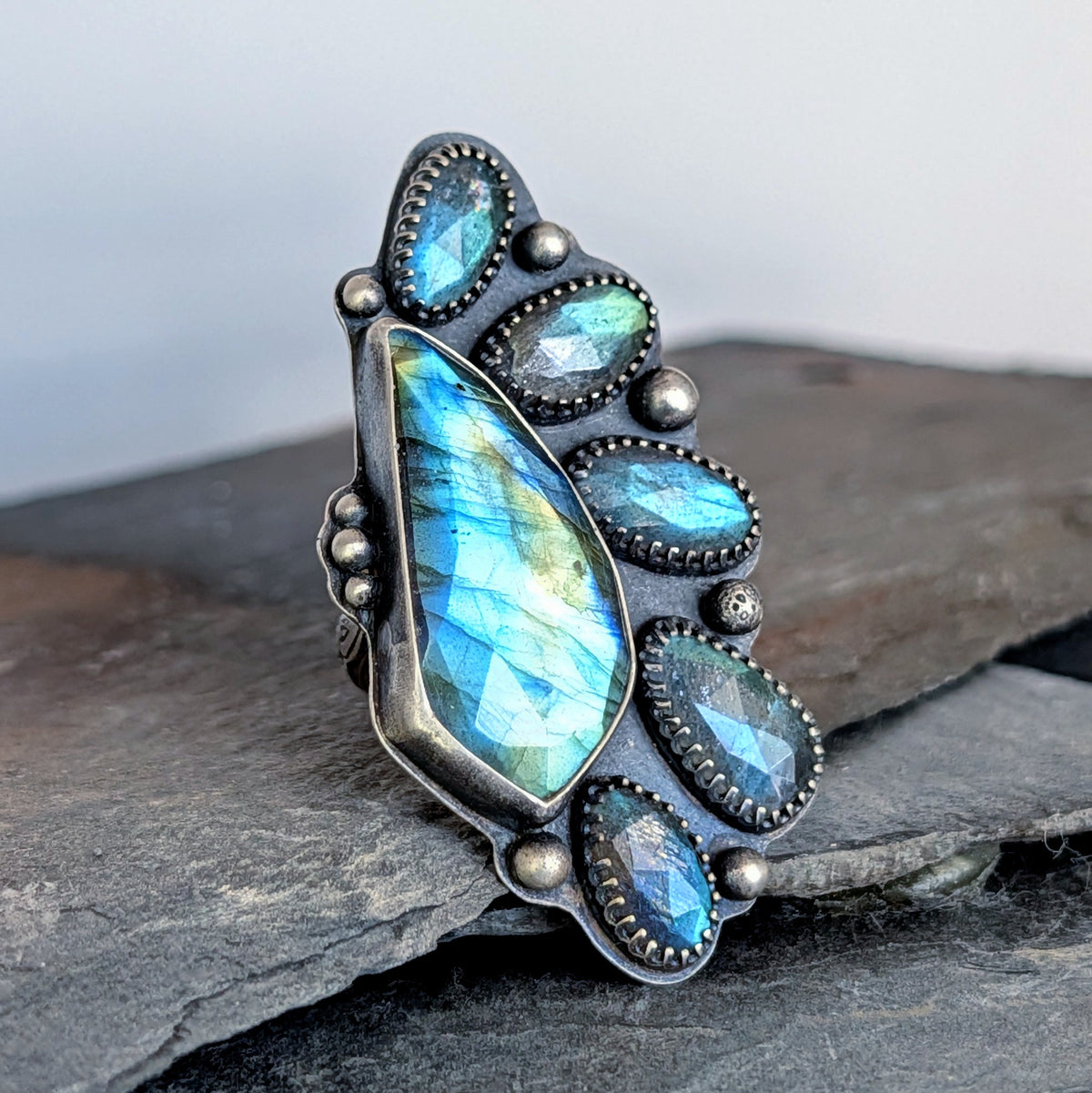 Faceted Labradorite Statement Ring- Sterling Silver Multi Stone Ring