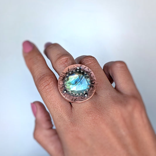 Faceted Labradorite Hollow Form Ring- Sterling Silver & Copper Statement Ring