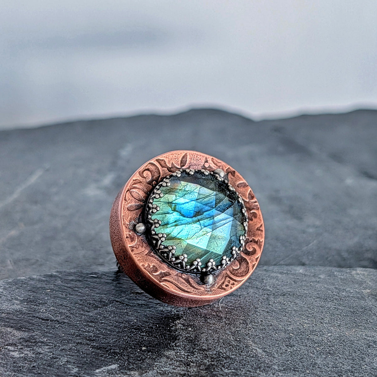 Faceted Labradorite Hollow Form Ring- Sterling Silver & Copper Statement Ring