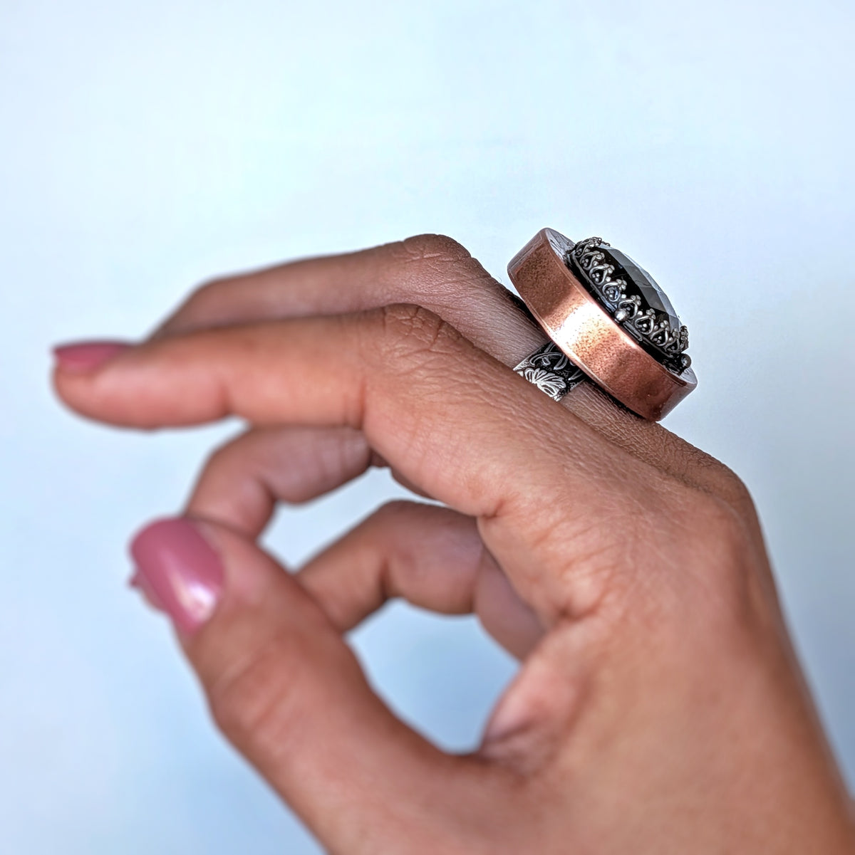Faceted Labradorite Hollow Form Ring- Sterling Silver & Copper Statement Ring