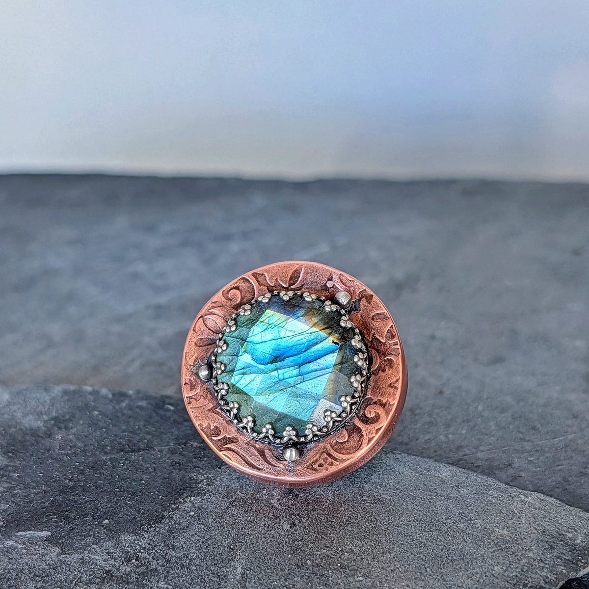 Faceted Labradorite Hollow Form Ring- Sterling Silver & Copper Statement Ring