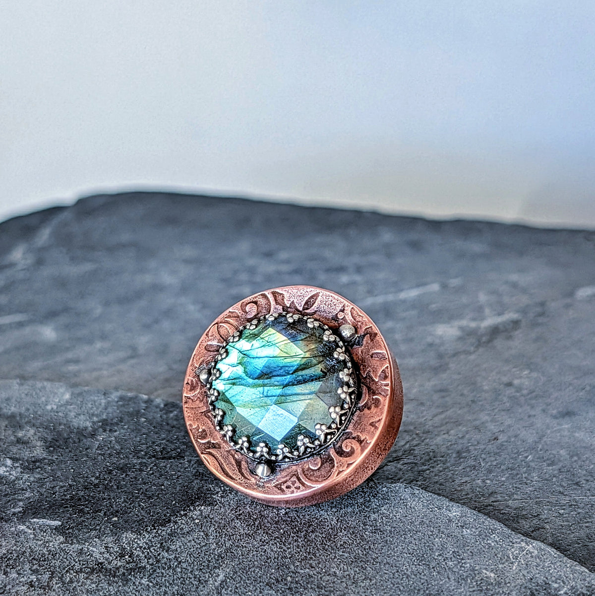 Faceted Labradorite Hollow Form Ring- Sterling Silver & Copper Statement Ring