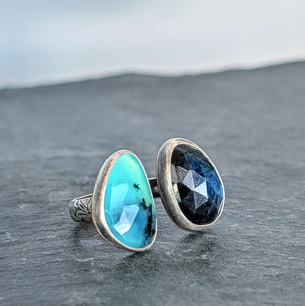 Blue Labradorite & Peruvian Opal Open Band Ring