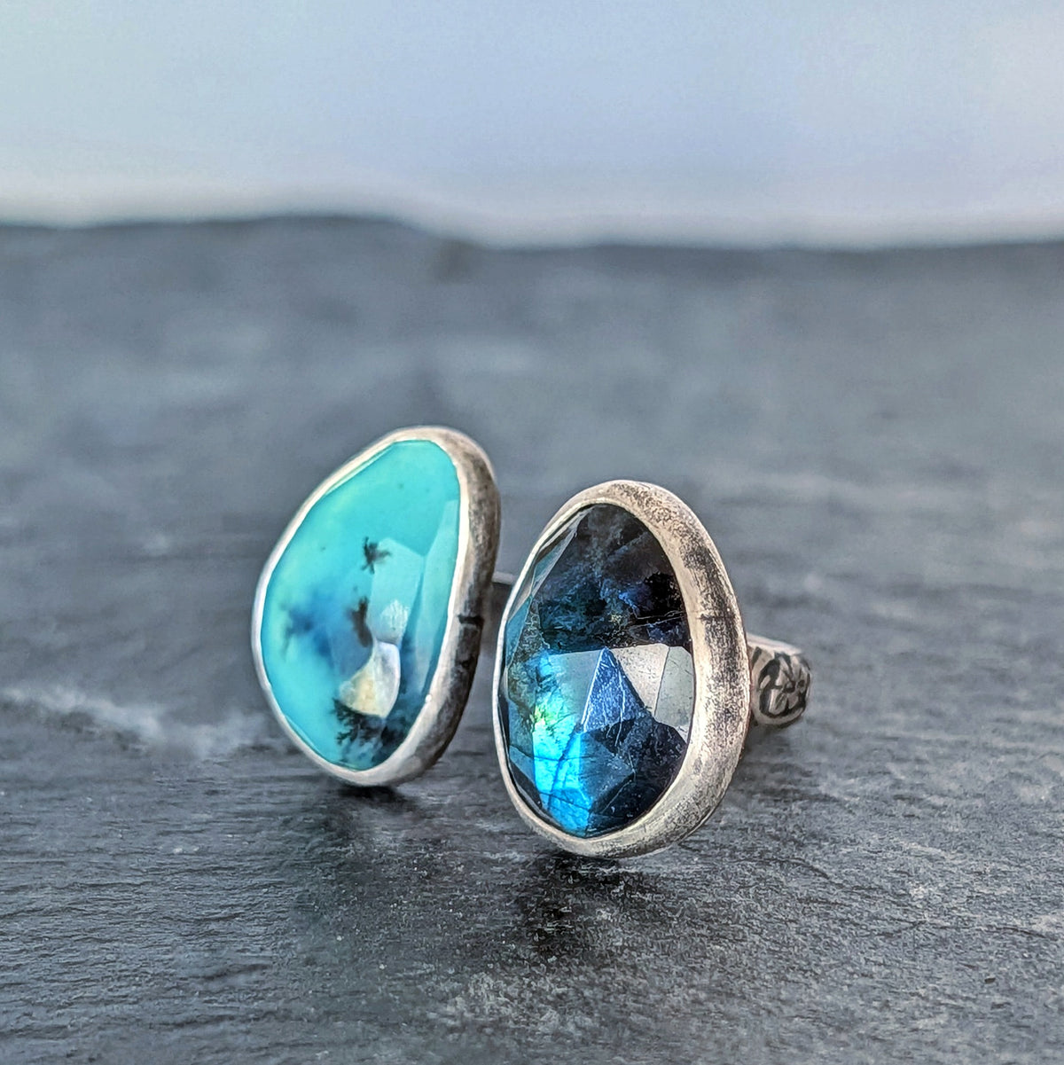 Blue Labradorite & Peruvian Opal Open Band Ring