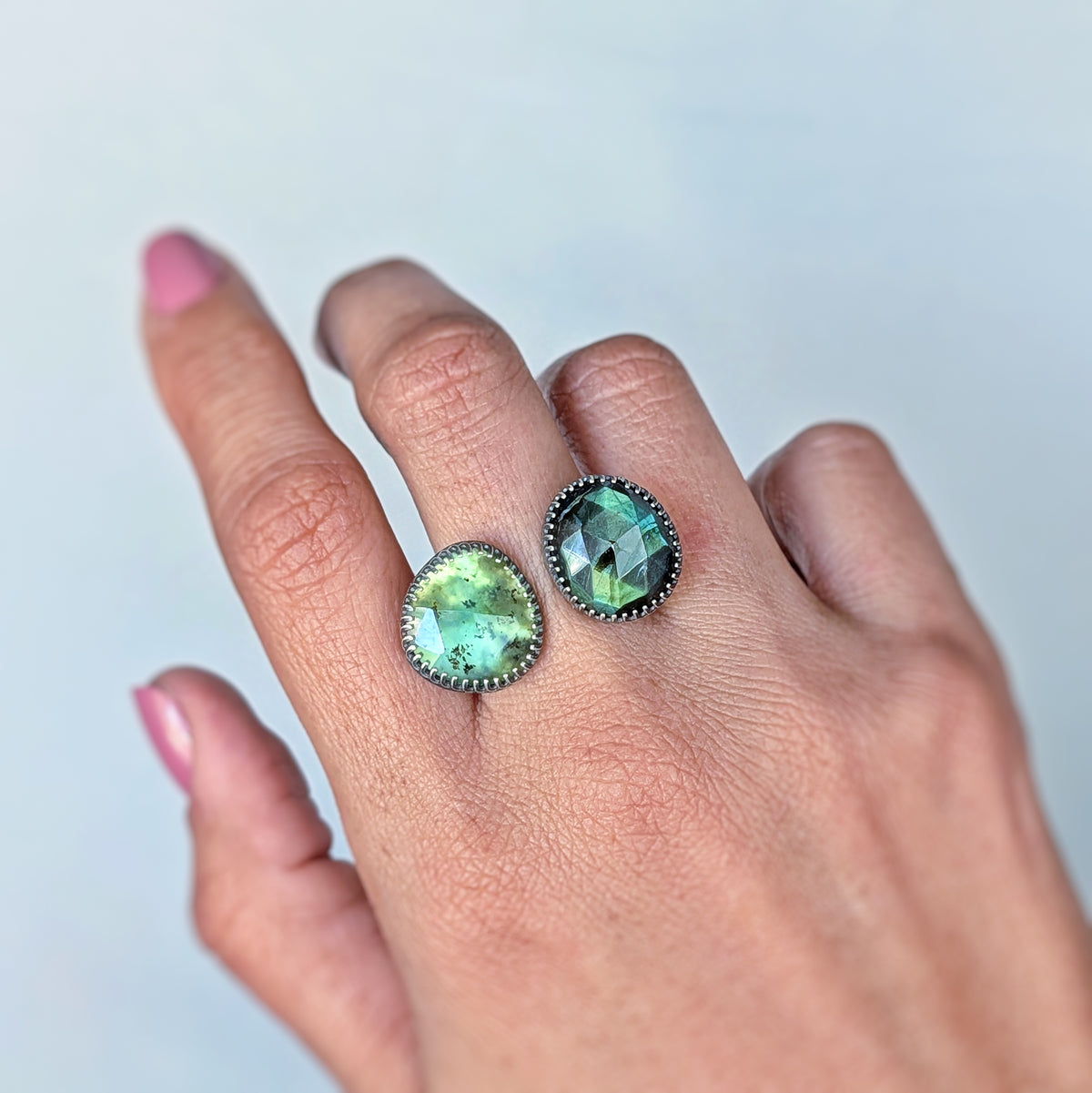 Rare Green Labradorite & Peruvian Opal Open Band Ring