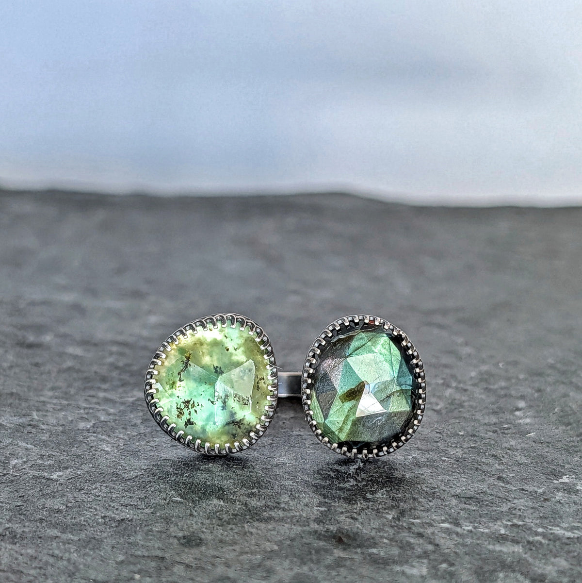Rare Green Labradorite & Peruvian Opal Open Band Ring