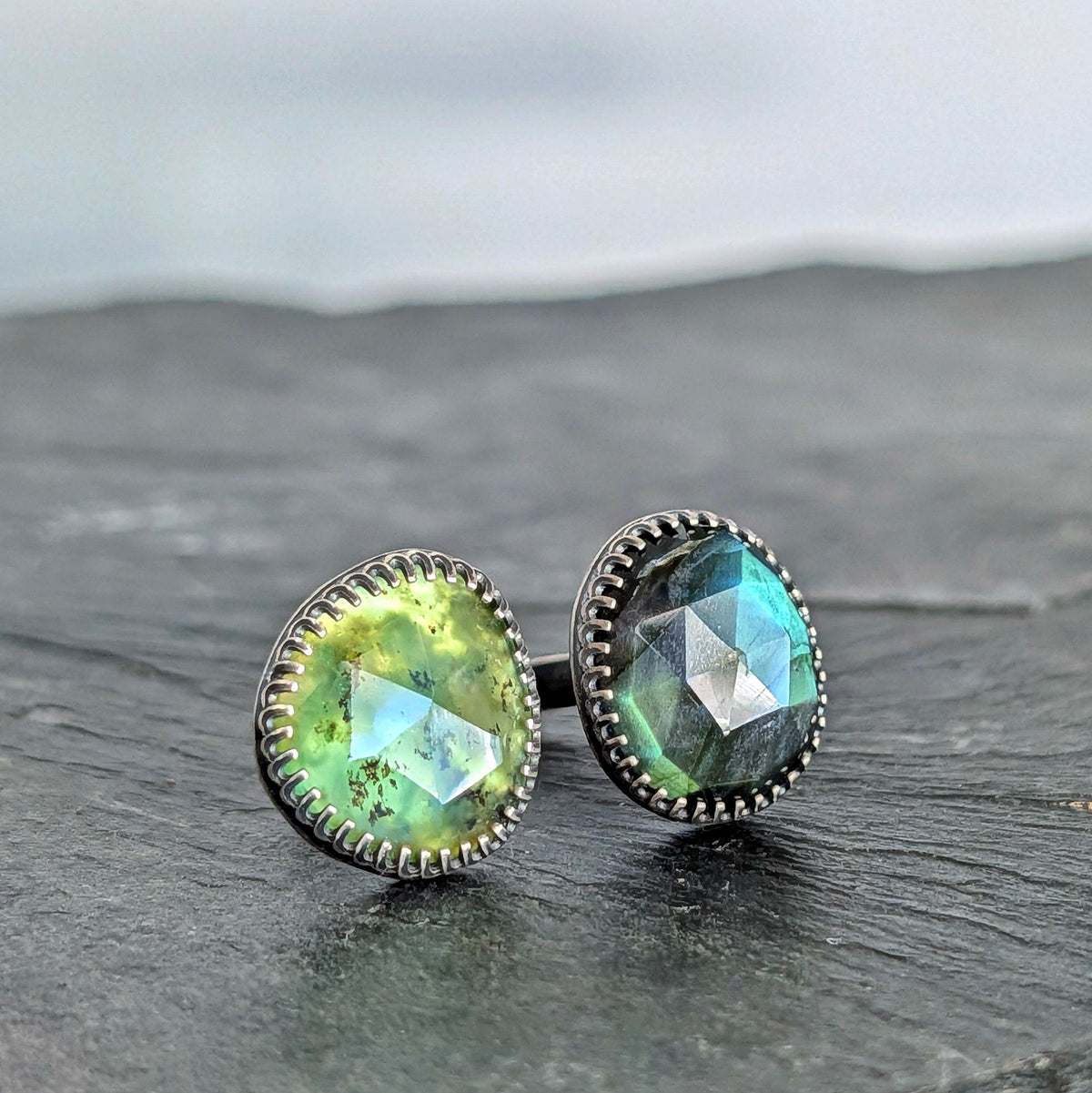 Rare Green Labradorite & Peruvian Opal Open Band Ring