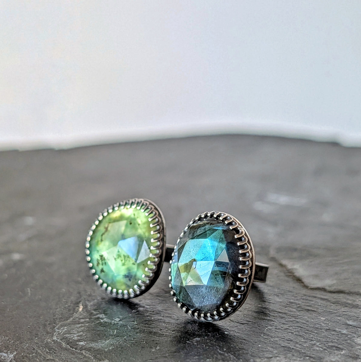 Rare Green Labradorite & Peruvian Opal Open Band Ring