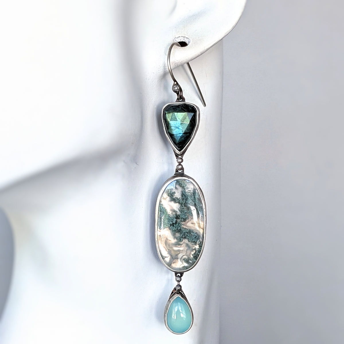 Horse Canyon Agate, Labradorite and Aqua Chalcedony Statement Earrings