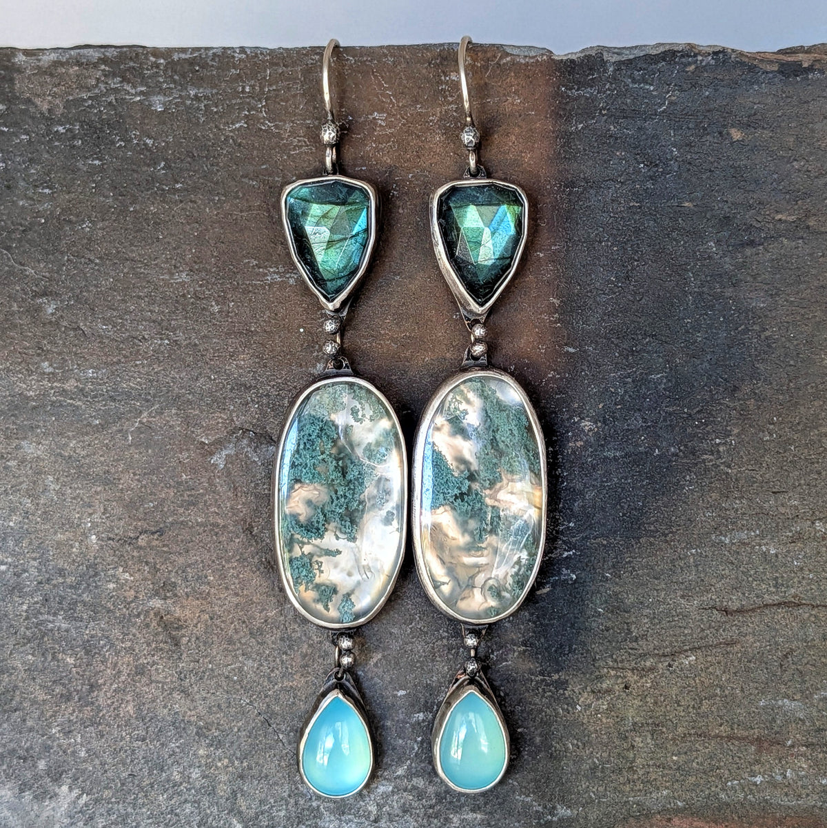 Horse Canyon Agate, Labradorite and Aqua Chalcedony Statement Earrings