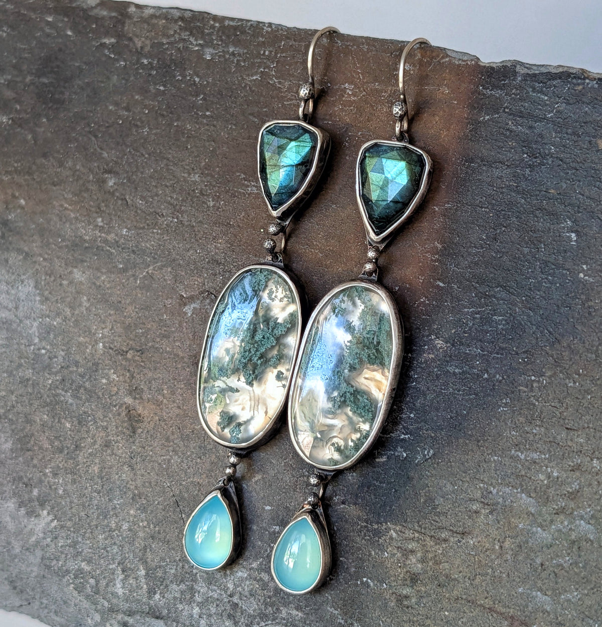 Horse Canyon Agate, Labradorite and Aqua Chalcedony Statement Earrings