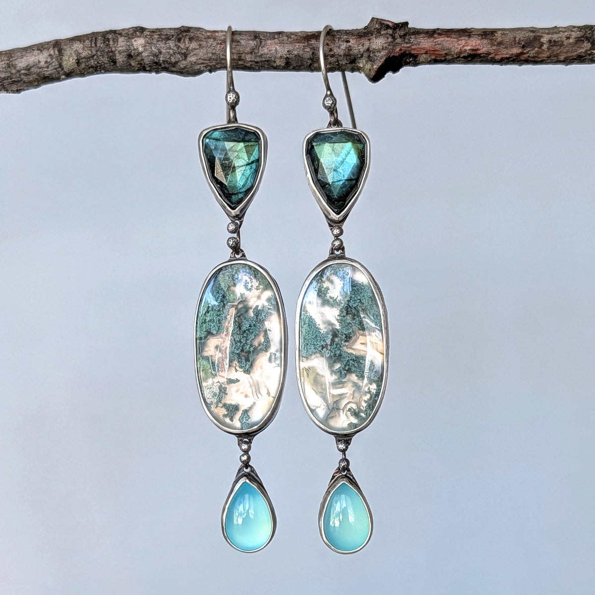 Horse Canyon Agate, Labradorite and Aqua Chalcedony Statement Earrings