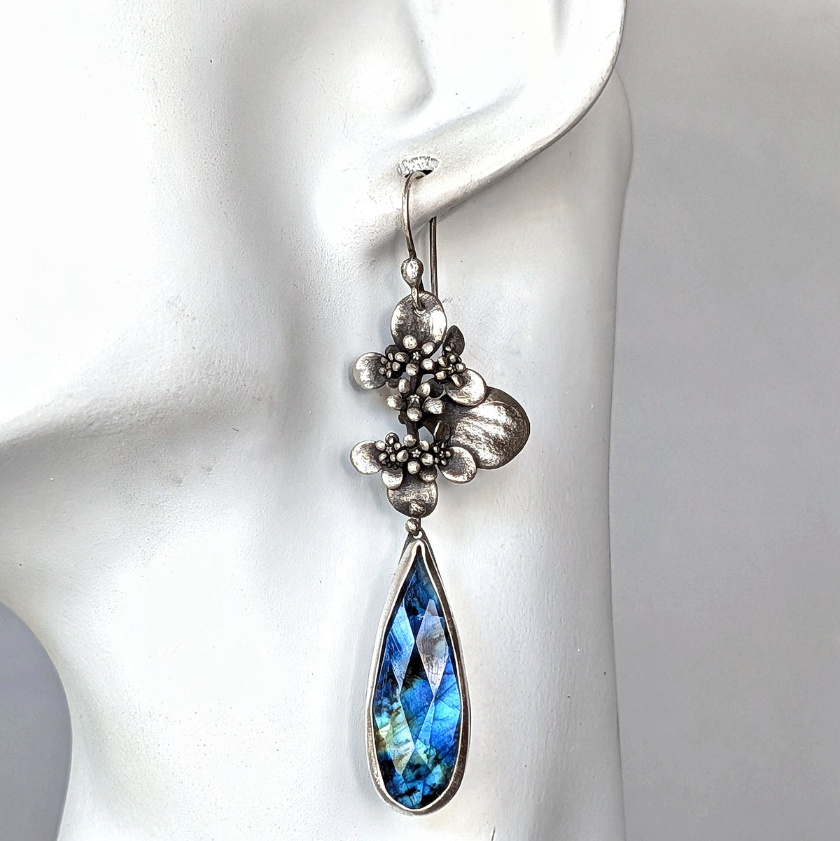 Faceted Blue Labradorite and Sterling Silver Succulent Statement Earrings