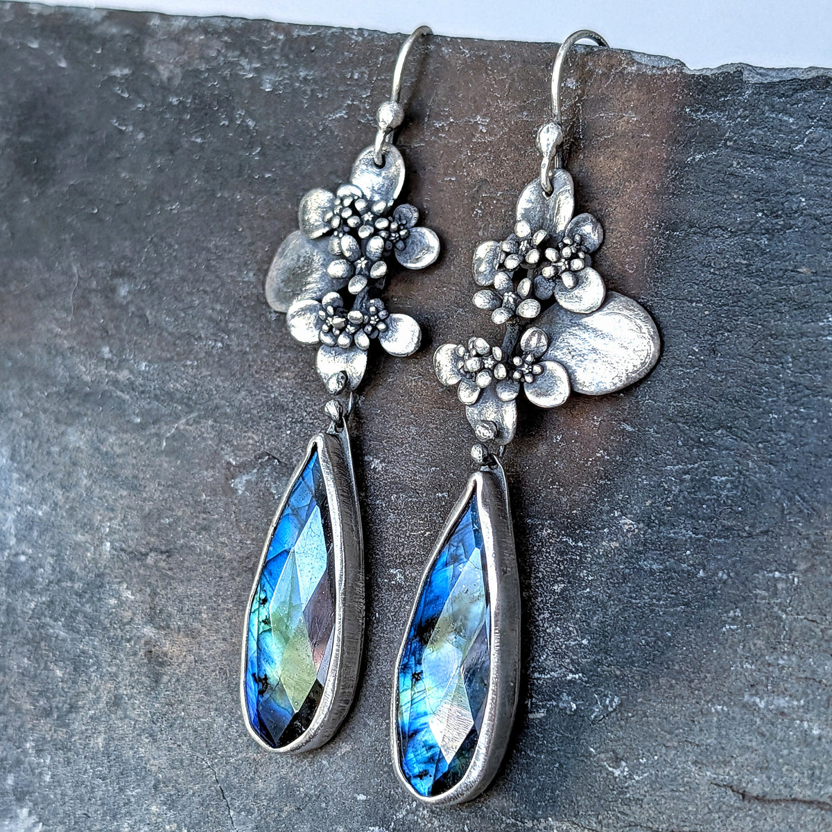 Faceted Blue Labradorite and Sterling Silver Succulent Statement Earrings
