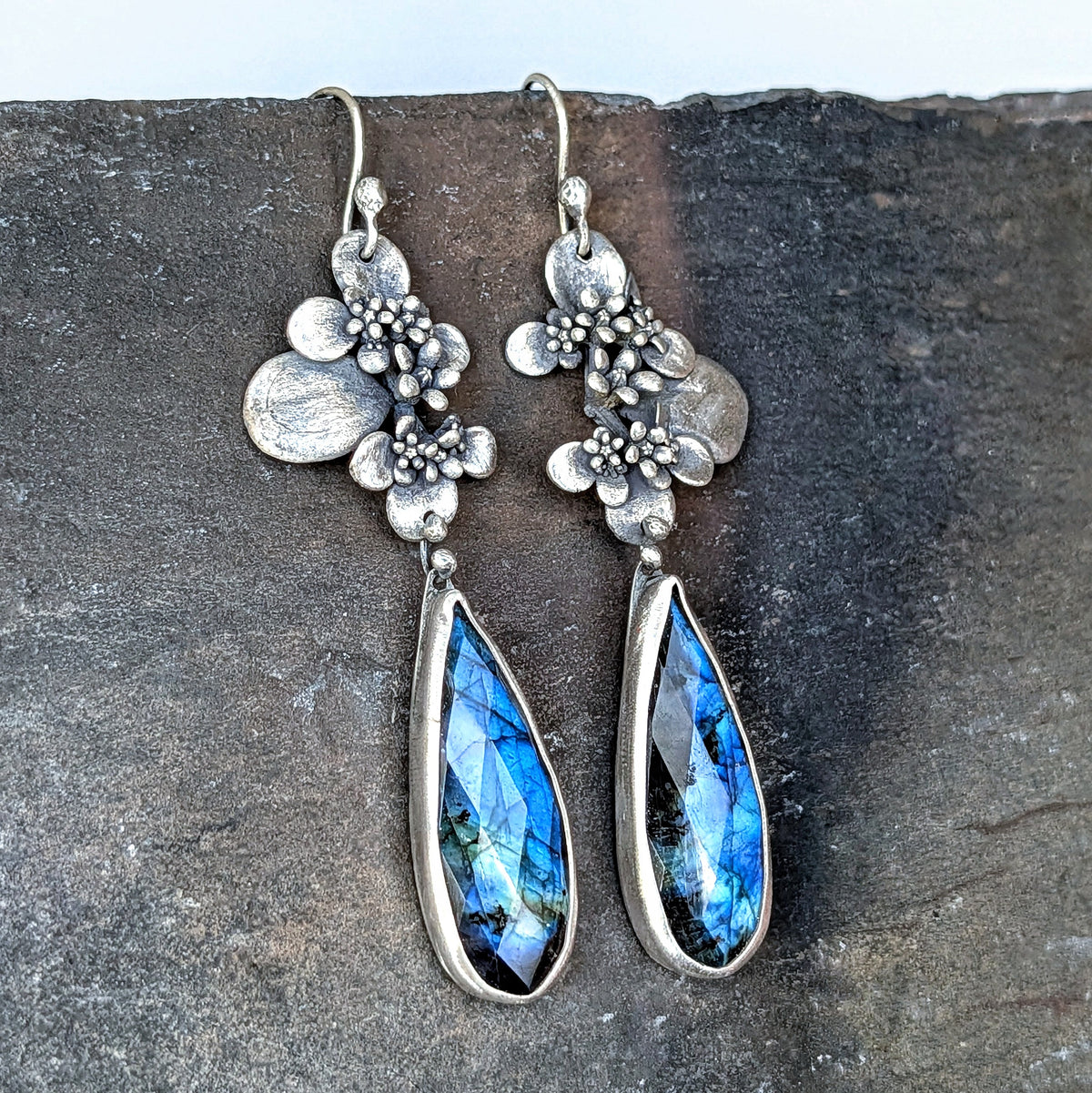 Faceted Blue Labradorite and Sterling Silver Succulent Statement Earrings