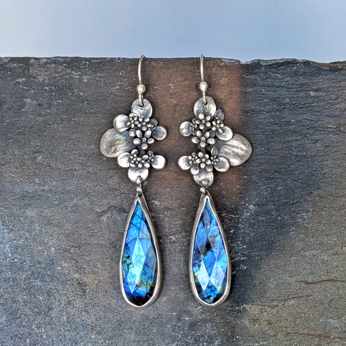 Faceted Blue Labradorite and Sterling Silver Succulent Statement Earrings