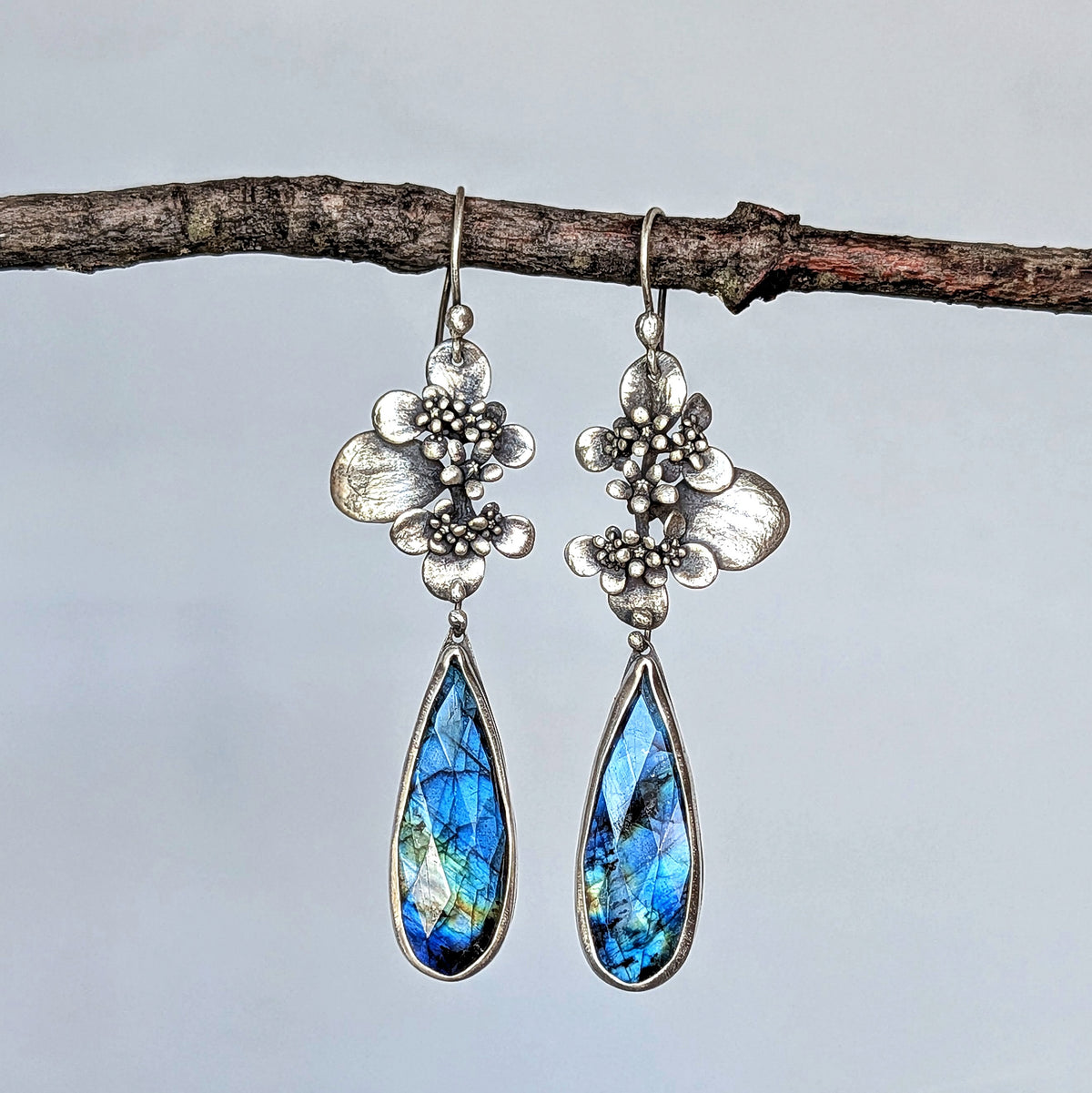 Faceted Blue Labradorite and Sterling Silver Succulent Statement Earrings