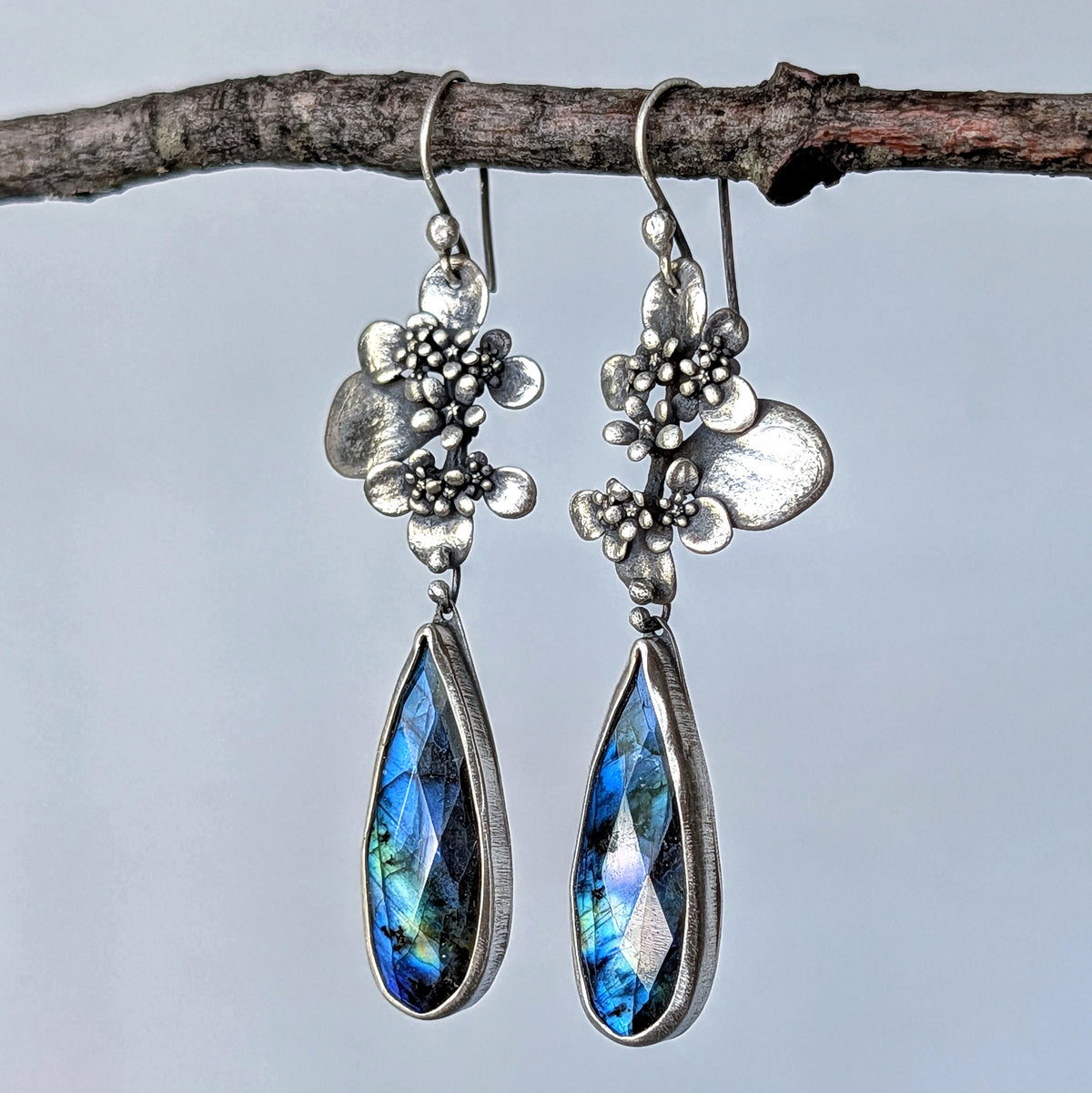 Faceted Blue Labradorite and Sterling Silver Succulent Statement Earrings