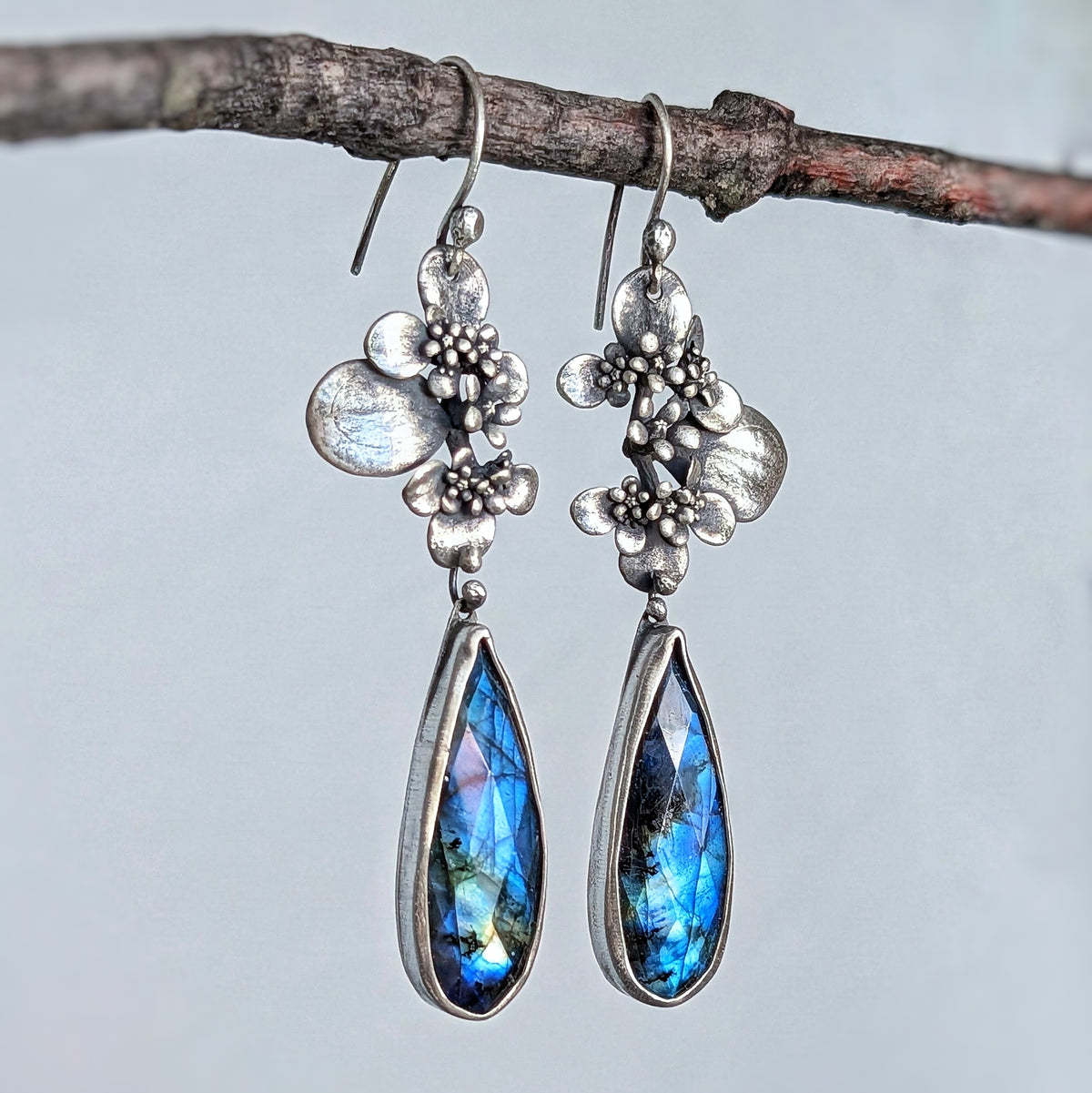 Faceted Blue Labradorite and Sterling Silver Succulent Statement Earrings