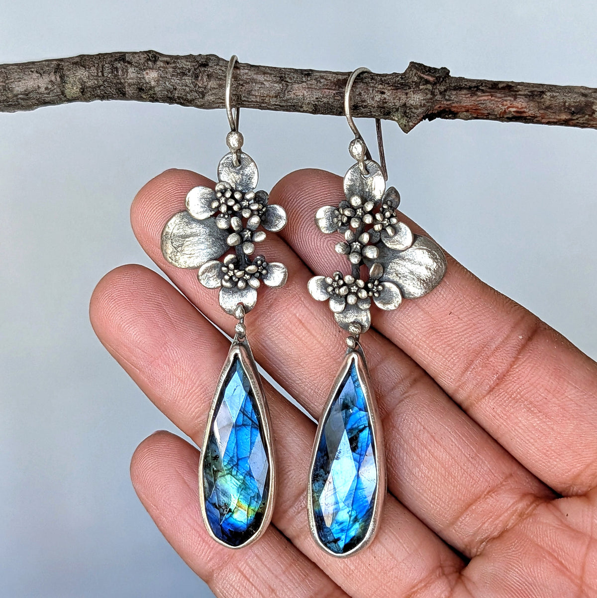 Faceted Blue Labradorite and Sterling Silver Succulent Statement Earrings