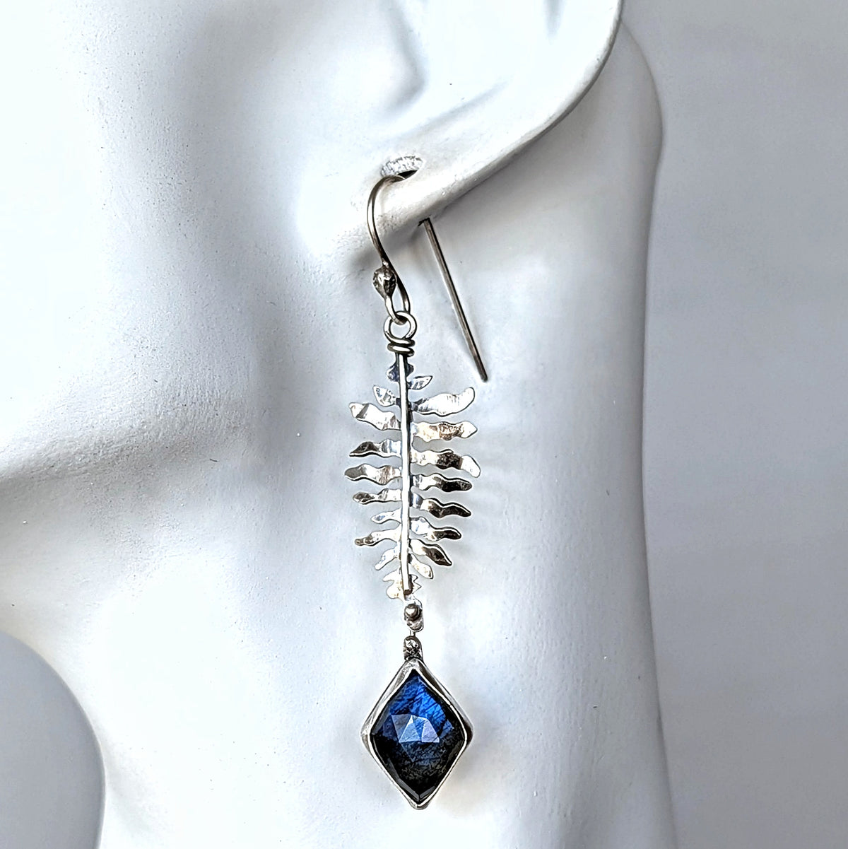 Hand-Sawn Sterling Silver Fern and Blue Labradorite Earrings
