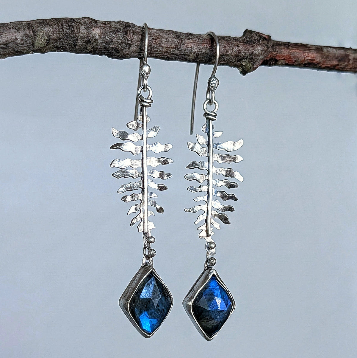 Hand-Sawn Sterling Silver Fern and Blue Labradorite Earrings