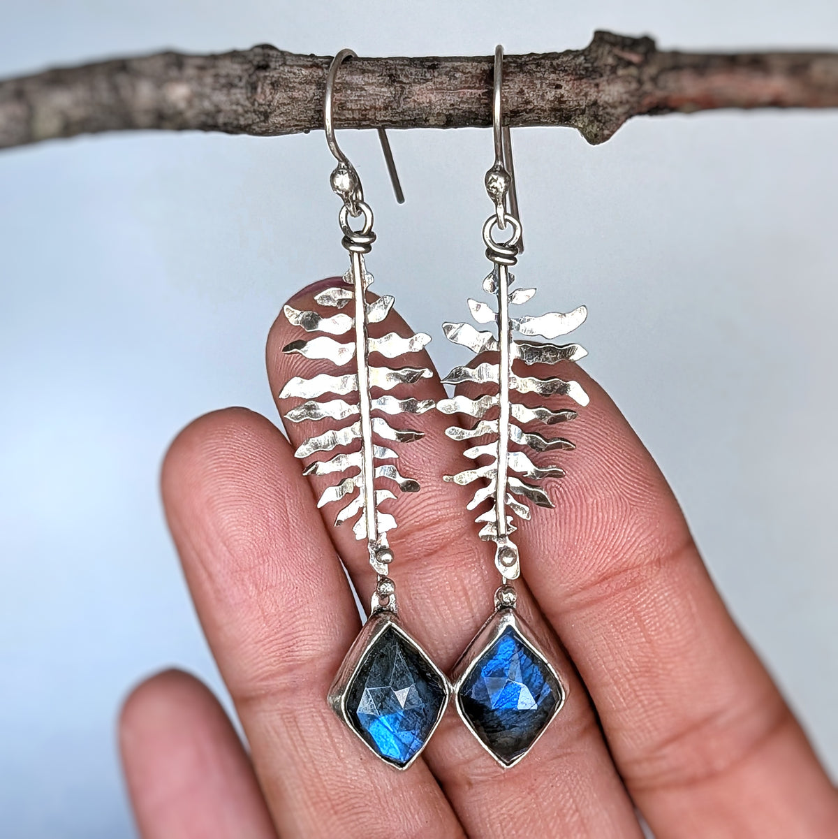 Hand-Sawn Sterling Silver Fern and Blue Labradorite Earrings