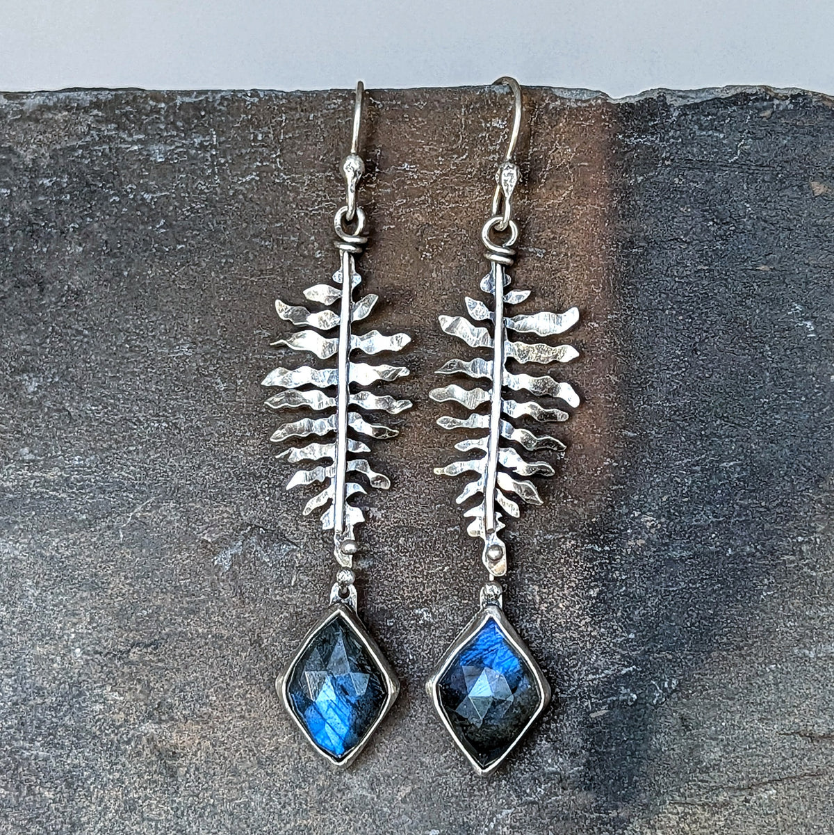 Hand-Sawn Sterling Silver Fern and Blue Labradorite Earrings