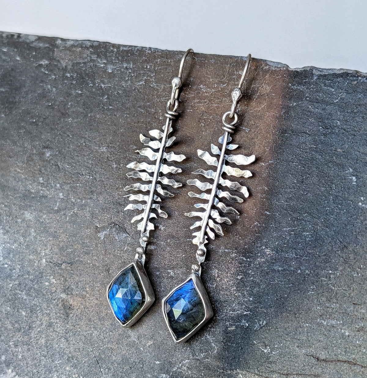 Hand-Sawn Sterling Silver Fern and Blue Labradorite Earrings