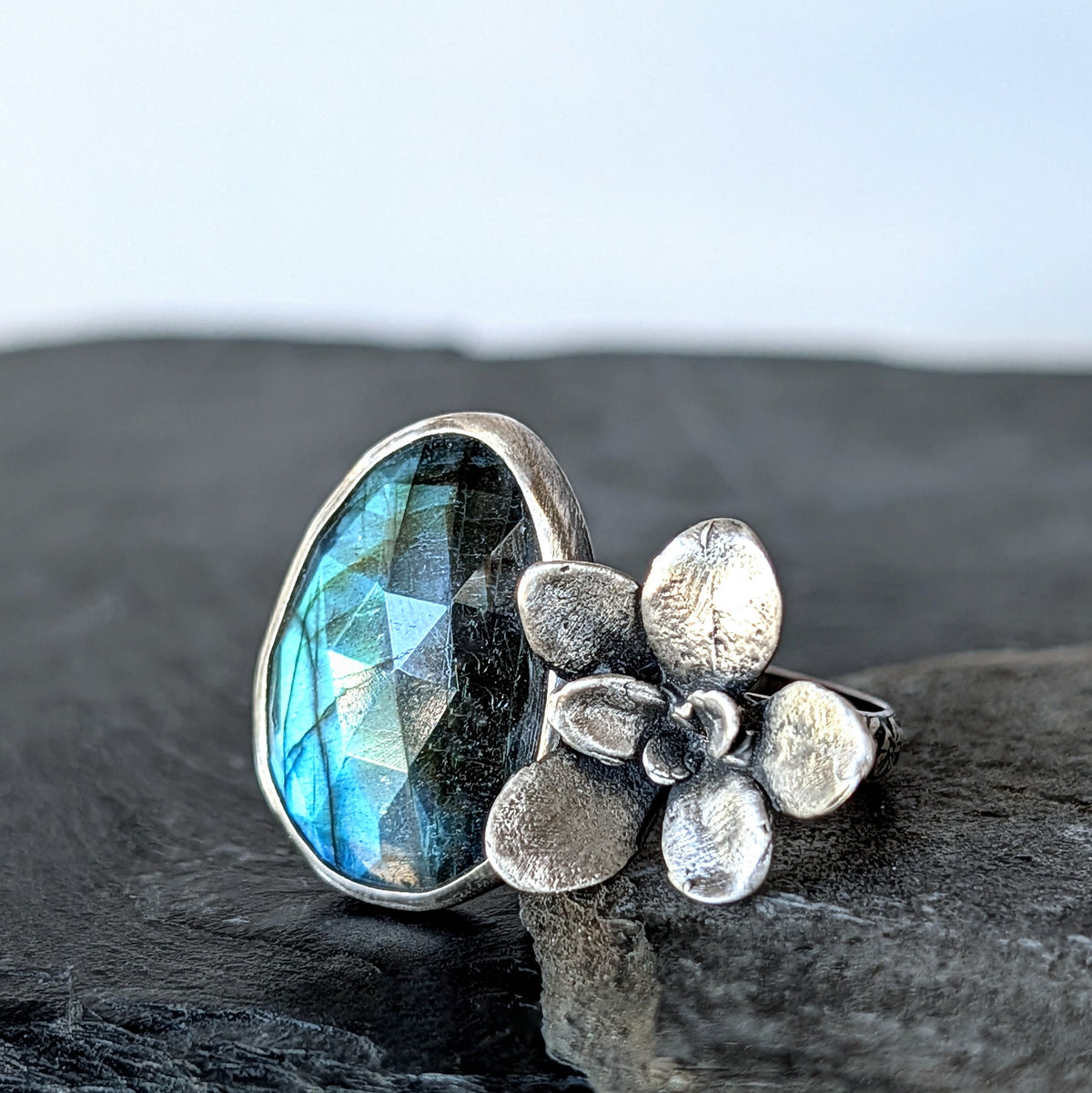 Labradorite and Solid Cast Sterling Silver Succulent Artisan Statement Ring