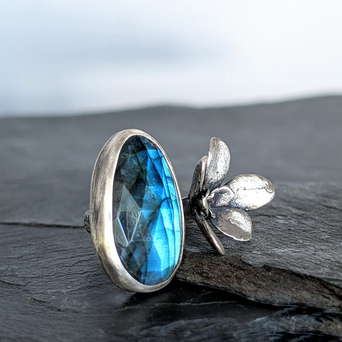 Labradorite and Solid Cast Sterling Silver Succulent Artisan Statement Ring