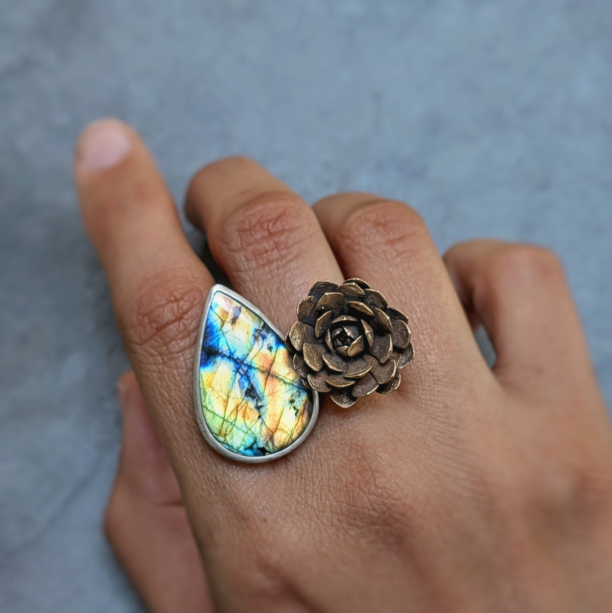 Labradorite and Bronze Succulent Statement Ring