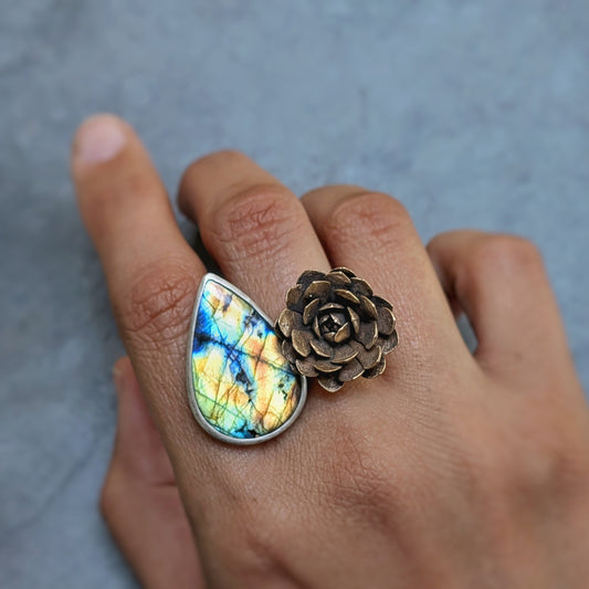 Labradorite and Bronze Succulent Statement Ring