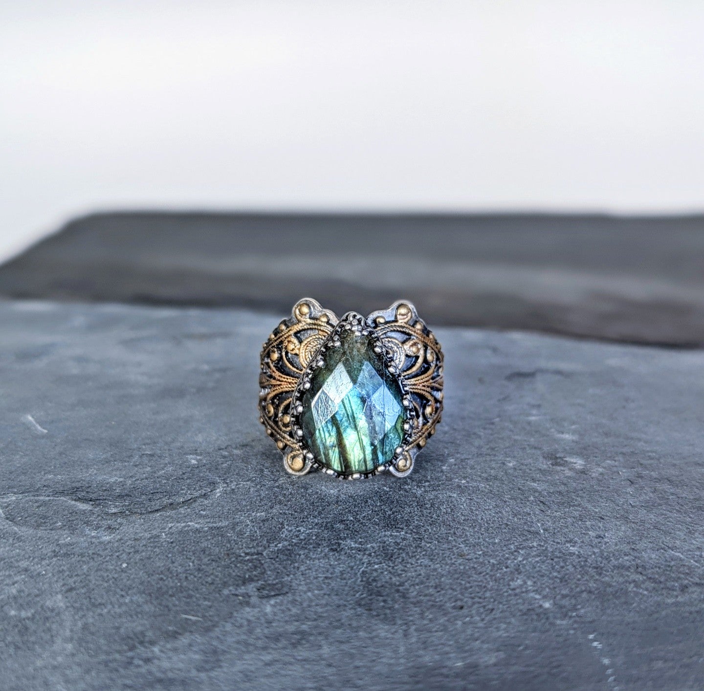 Faceted labradorite and filigree statement ring, size 10.5