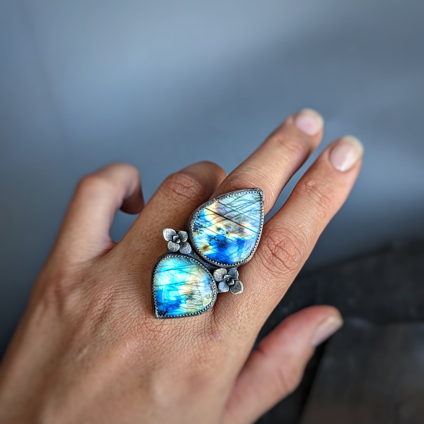 Mixed metal adjustable rainbow Labradorite statement ring