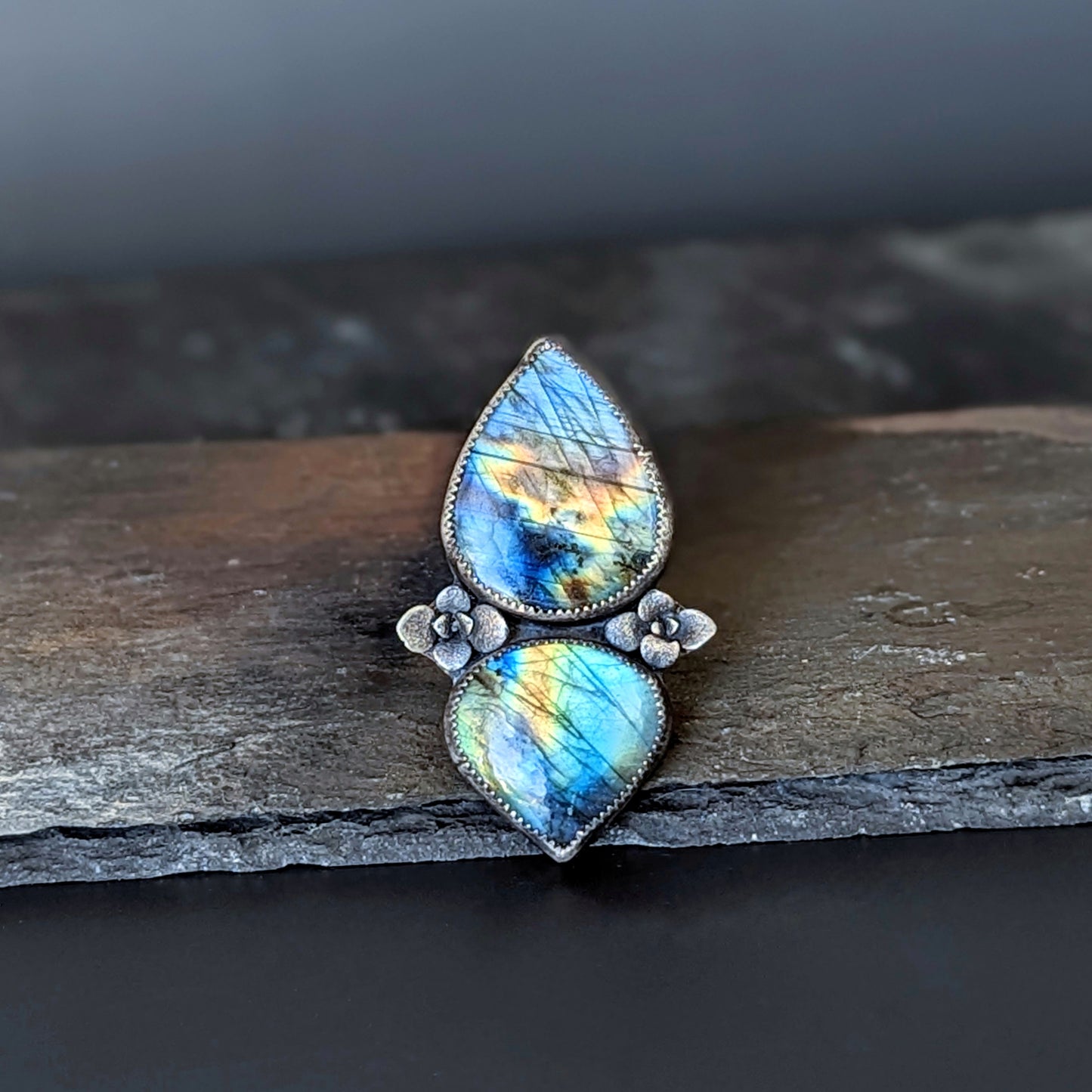 Mixed metal adjustable rainbow Labradorite statement ring