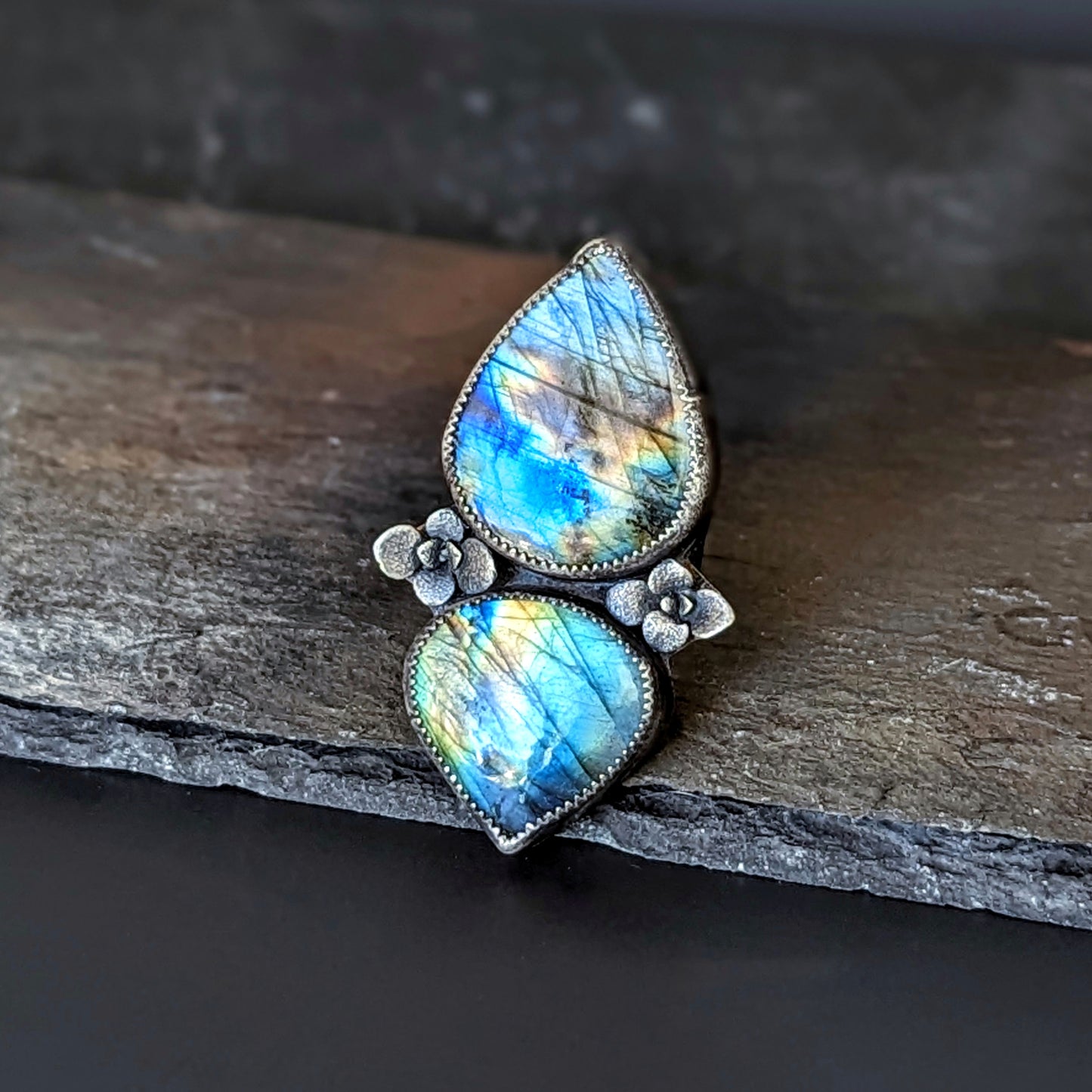 Mixed metal adjustable rainbow Labradorite statement ring