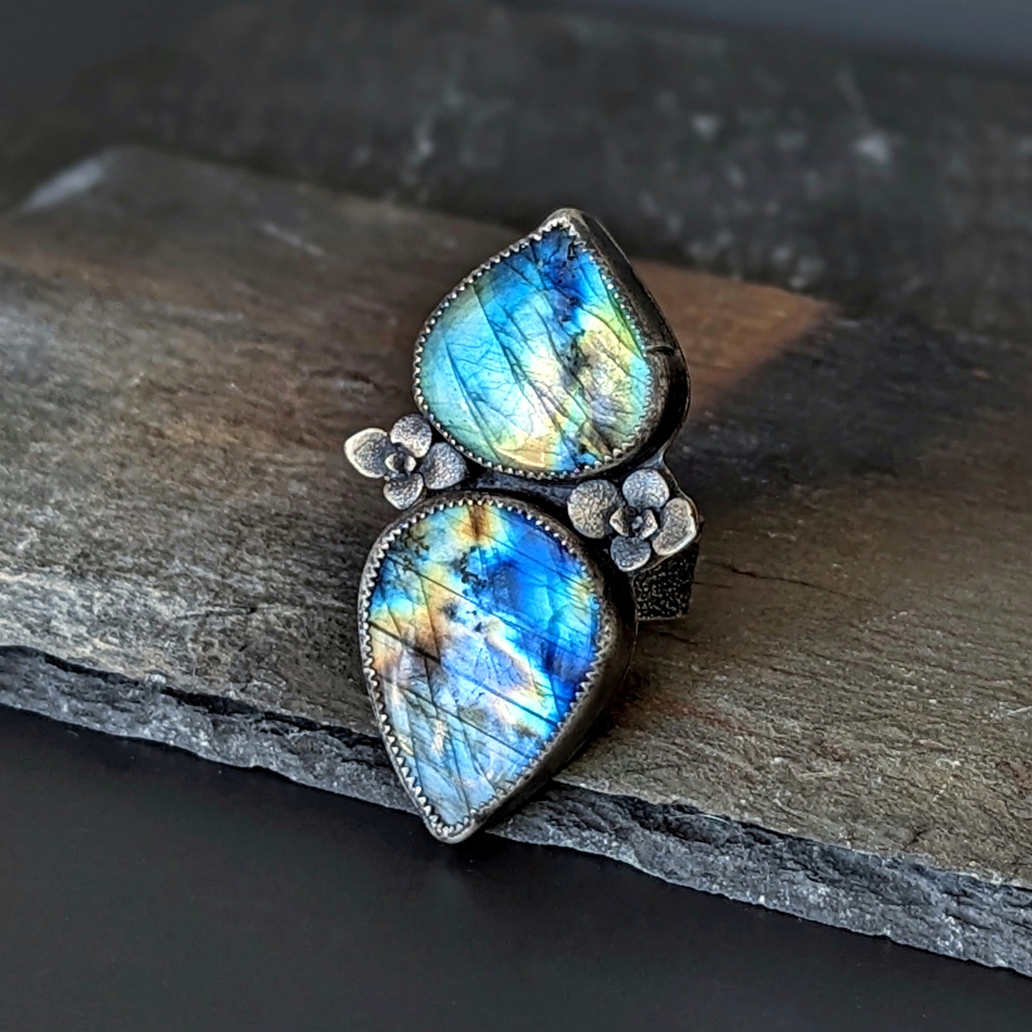 Mixed metal adjustable rainbow Labradorite statement ring