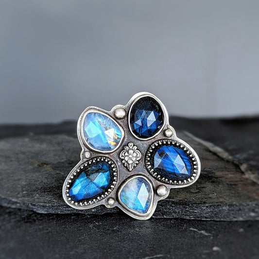 One of a kind blue labradorite and rainbow moonstone sterling silver hand crafted statement cluster ring, size 7.5-8.5