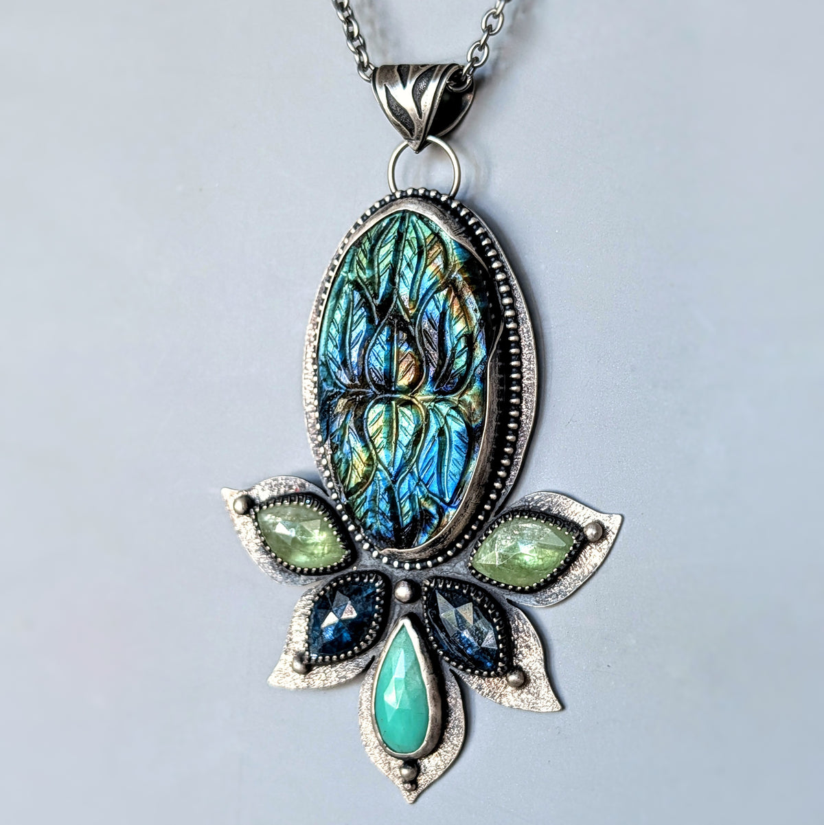 Verdant Reverie: Carved Labradorite, Kyanite, and Chrysoprase Botanical Statement Necklace in Sterling Silver