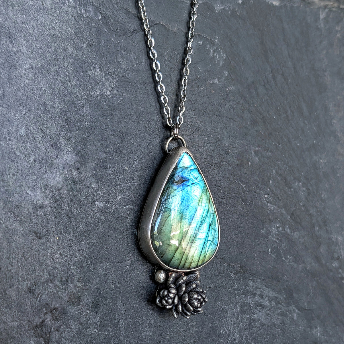 Labradorite and Succulent Bouquet Necklace- Botanical Pendant