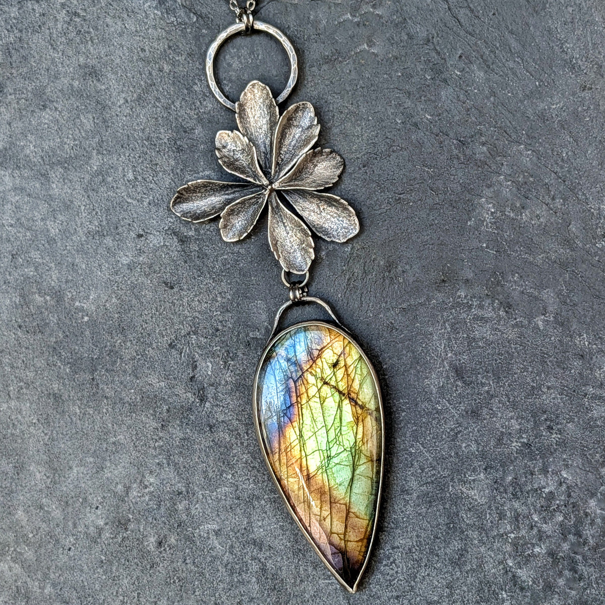 Labradorite and Sterling Silver Succulent Statement Necklace- Mixed Metal Botanical Pendant
