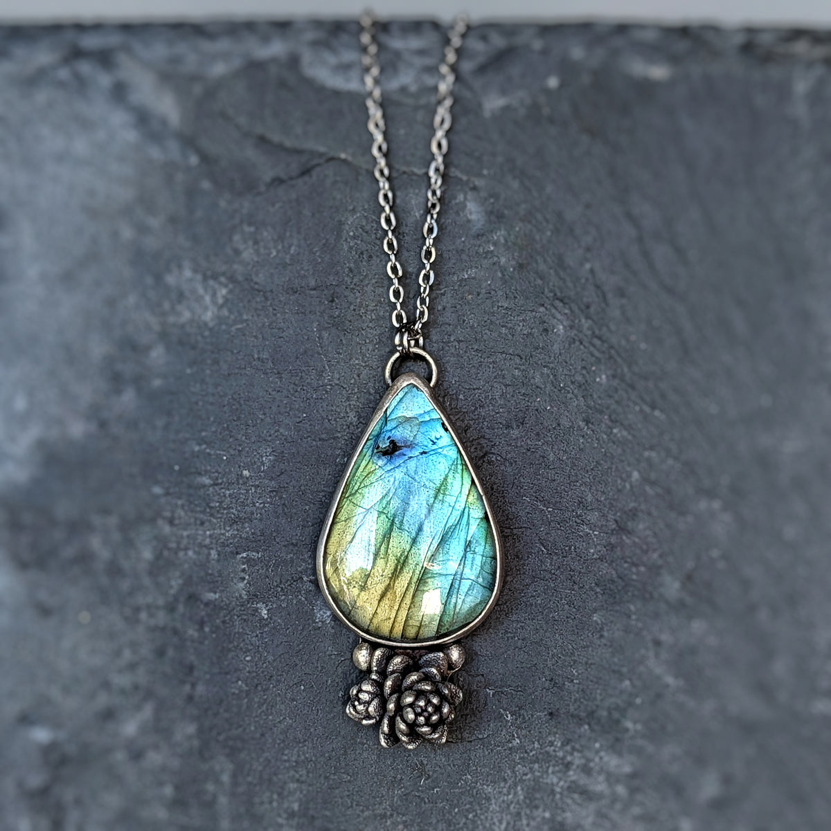 Labradorite and Succulent Bouquet Necklace- Botanical Pendant