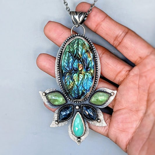 Verdant Reverie: Carved Labradorite, Kyanite, and Chrysoprase Botanical Statement Necklace in Sterling Silver