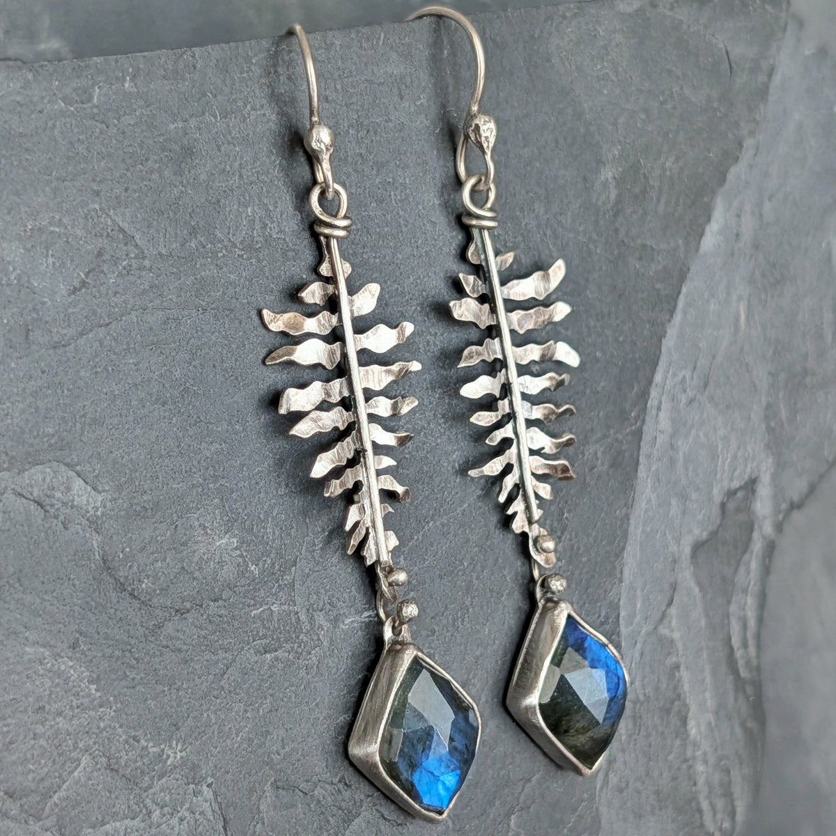 Hand-Sawn Sterling Silver Fern and Blue Labradorite Earrings