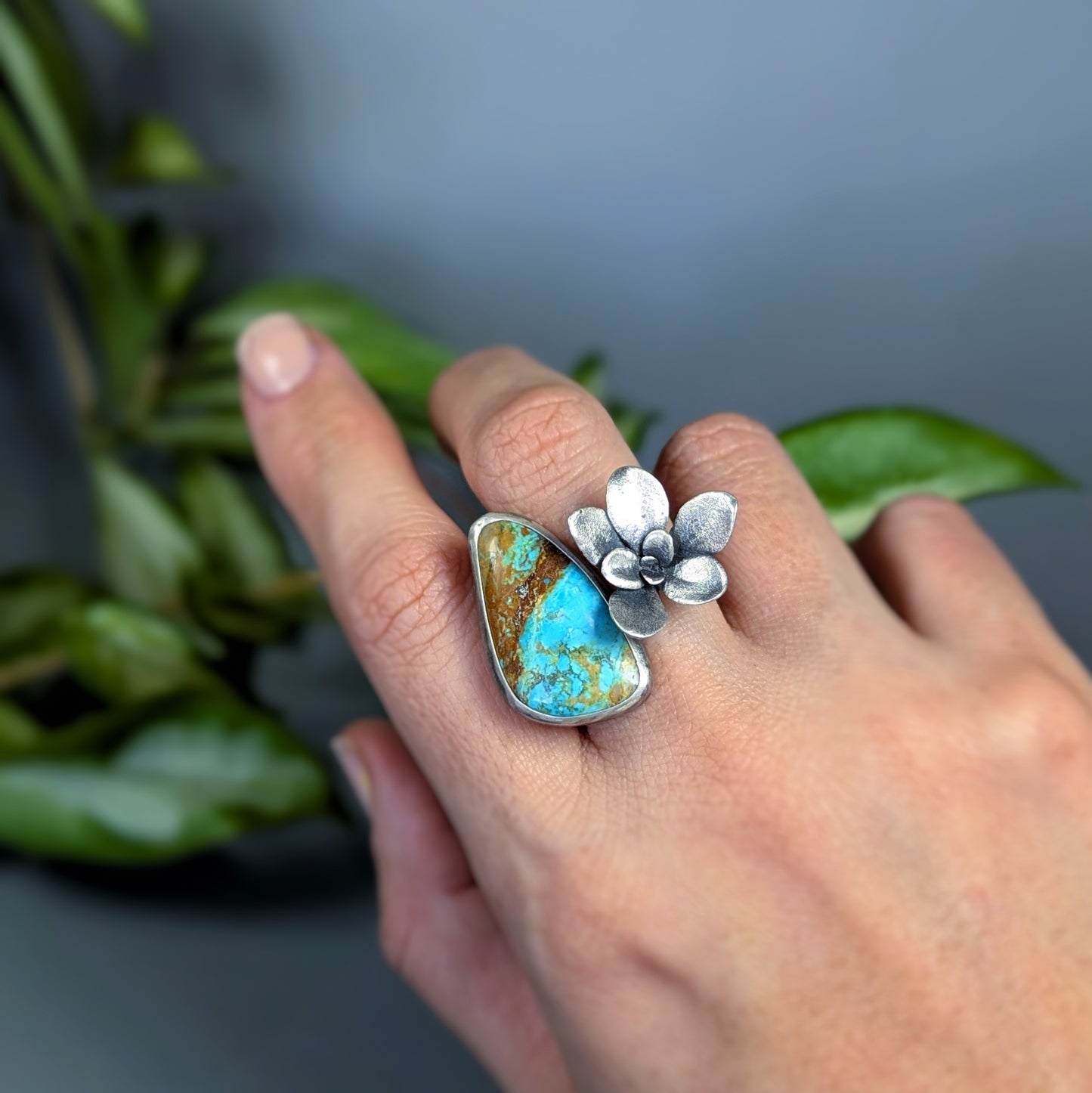Gemmaflora Maxima: American Turquoise and Cast Sterling Silver Succulent Artisan Statement Ring