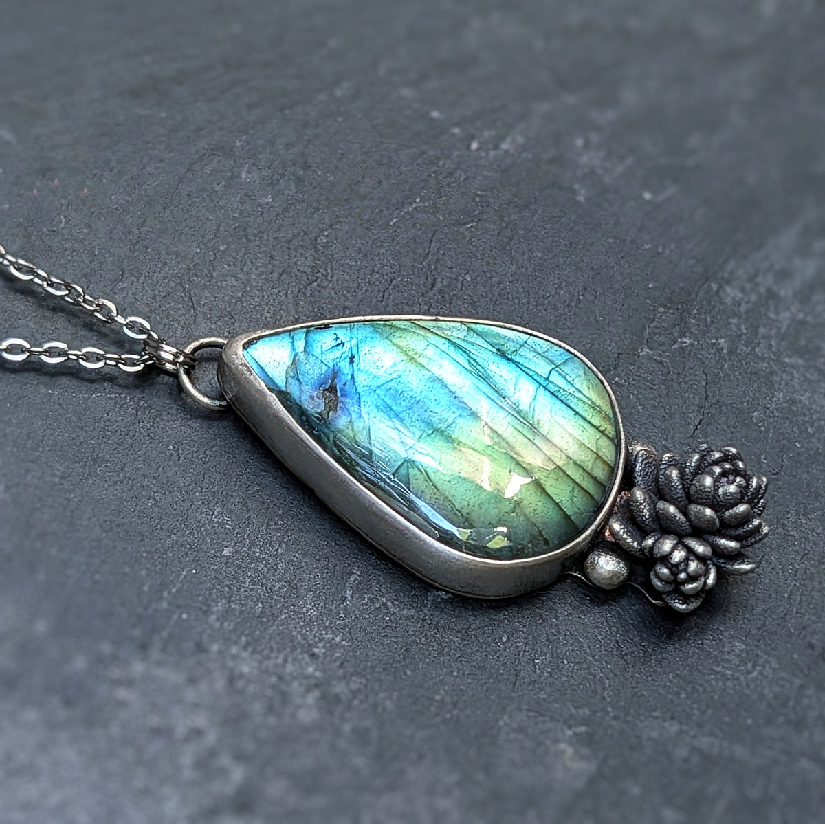 Labradorite and Succulent Bouquet Necklace- Botanical Pendant