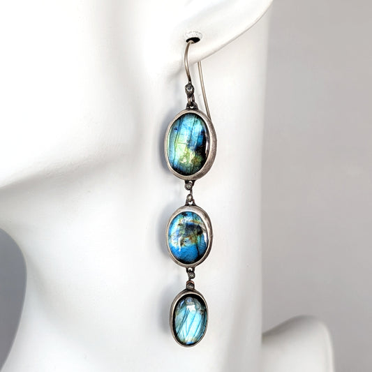 Triple Labradorite Dangle Earrings- Sterling Silver & Copper
